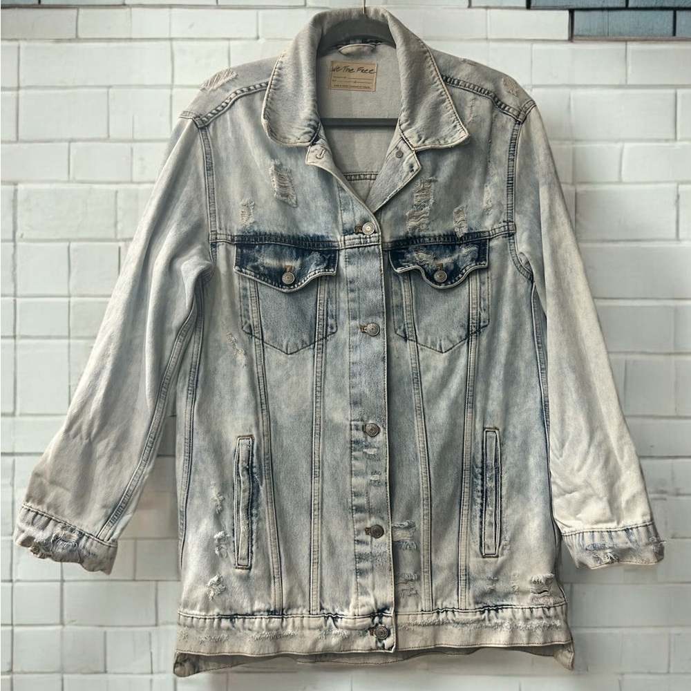 We The Free Destroyed Long & Lean Trucker Jacket in Cloud Wash